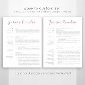 May include: A pink and white resume template for an elementary school teacher. The resume includes sections for profile, skills, education, professional experience, awards, achievements, and volunteer experience. The text "Easy to customize: Fonts, Colors, Bodytext, Sections, Design Elements" is at the top of the page.