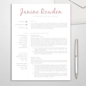 May include: A resume template with a pink background and a white border. The resume is for Janine Rowden, an Elementary School Teacher. The resume includes sections for profile, skills, professional experience, and education.