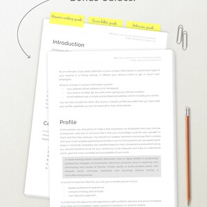 May include: A white page with a black and gray text box containing a guide for writing a resume, cover letter, and interview. The text box has the title "Bonus Guides!" and includes the headings "Resume Writing Guide", "Cover Letter Guide", and "Interview Guide".