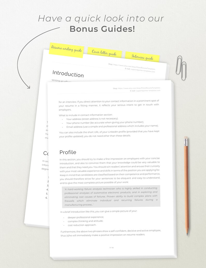 May include: A white page with a black and gray text box containing a guide for writing a resume, cover letter, and interview. The text box has the title "Bonus Guides!" and includes the headings "Resume Writing Guide", "Cover Letter Guide", and "Interview Guide".