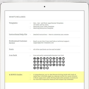 May include: A list of what's included in a resume template package. The list includes templates, instructional help file, professional customer service, fonts, icon pack, and bonus guides. The bonus guides include a resume writing guide, a cover letter writing guide, and an interview preparation material.
