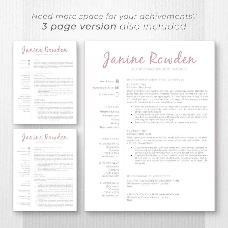 May include: A resume template for an elementary school teacher. The template is designed to be professional and easy to read. It includes sections for personal information, work experience, education, and skills. The template is also available in a 3-page version.