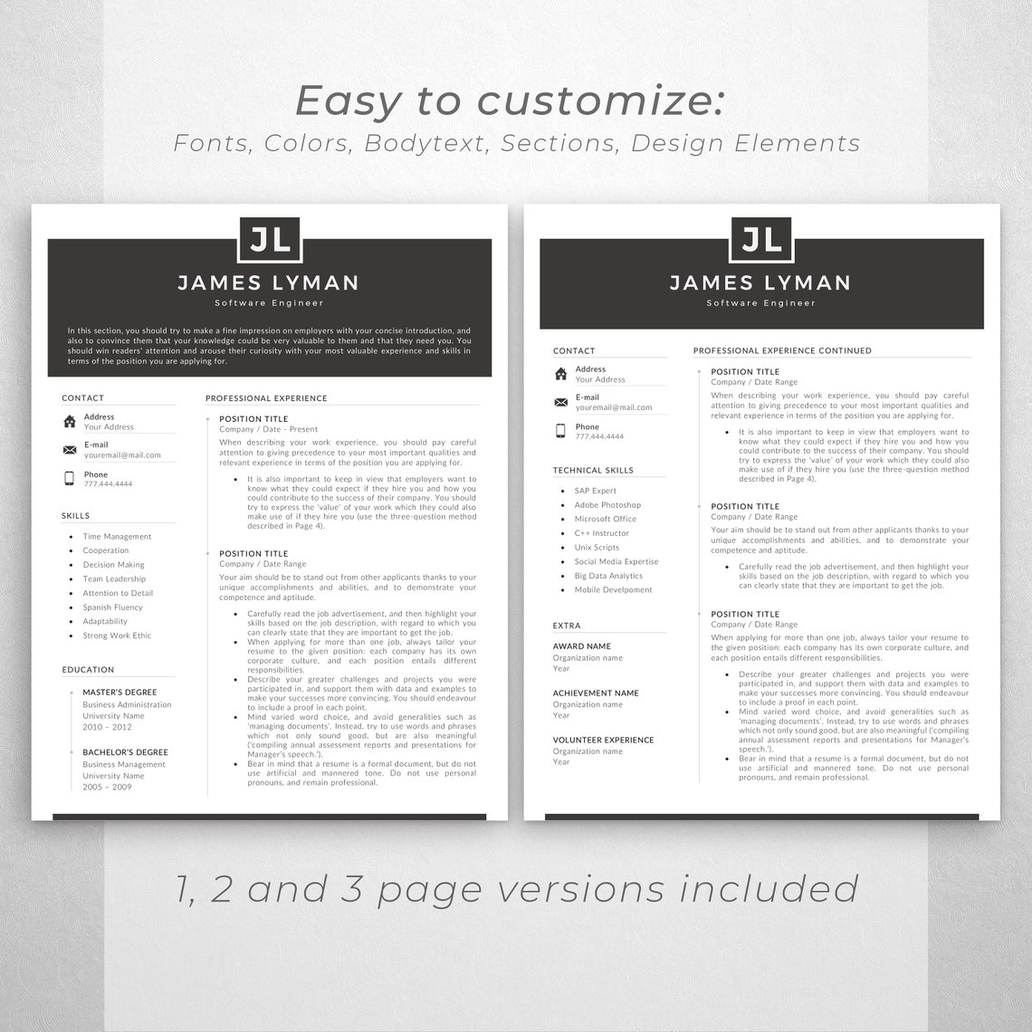 Modern Resume Template for Word | Executive CV Design (instant Download ...