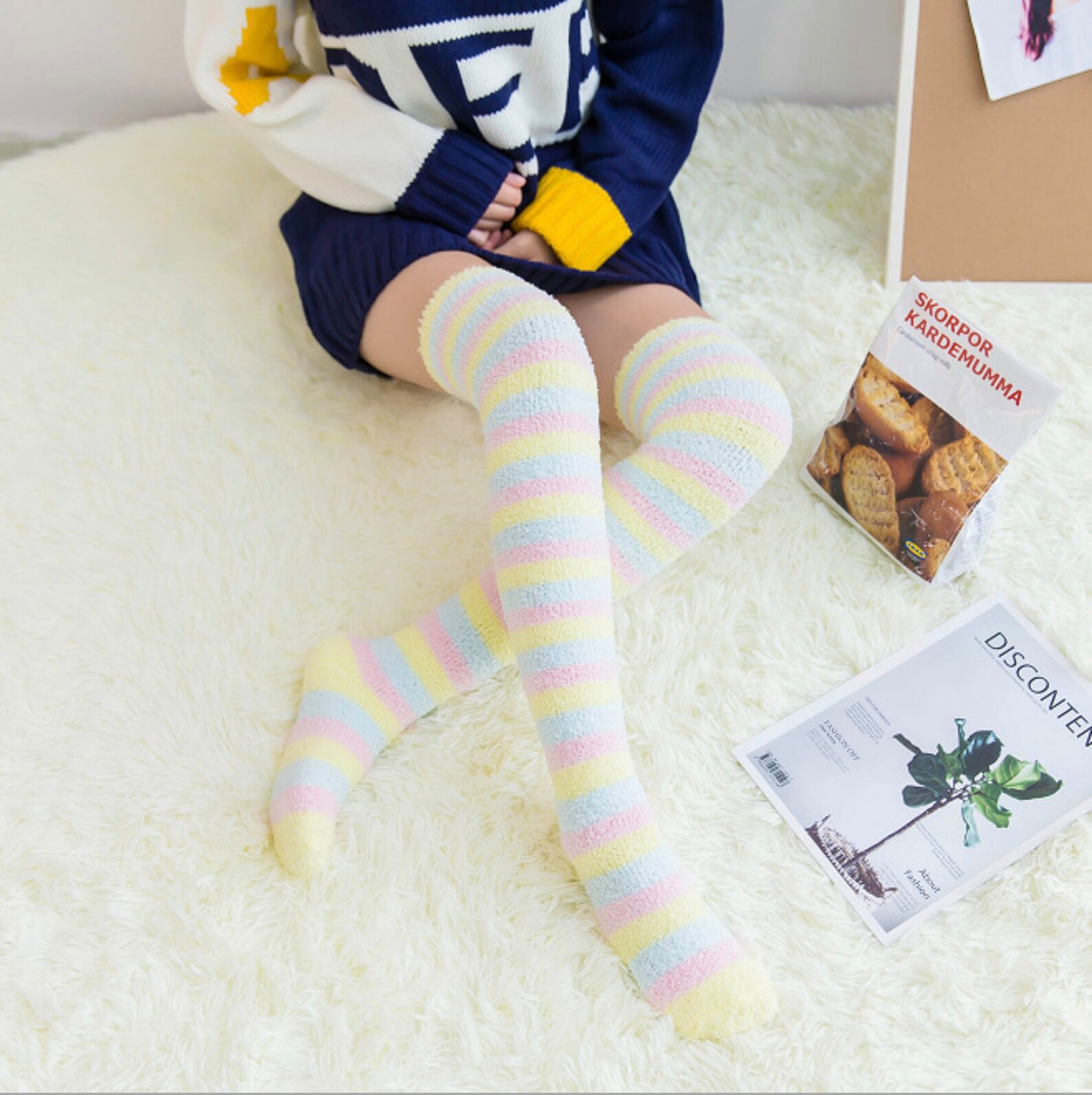 Thigh High Striped Fuzzy Socks Cozy Furry Thigh Highs Kawaii | Etsy