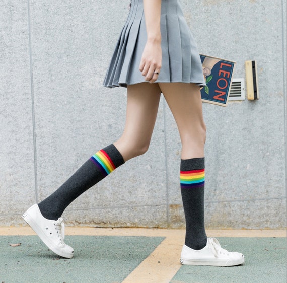 Knee High Rainbow Striped Socks Fashion Stocking Kawaii | Etsy