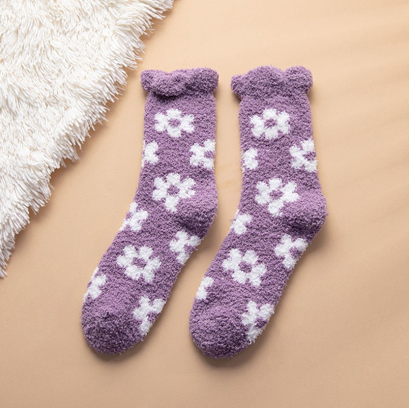 Cute Floral Fuzzy Socks Flower Pattern Crew Socks Fuzzy Bed | Etsy