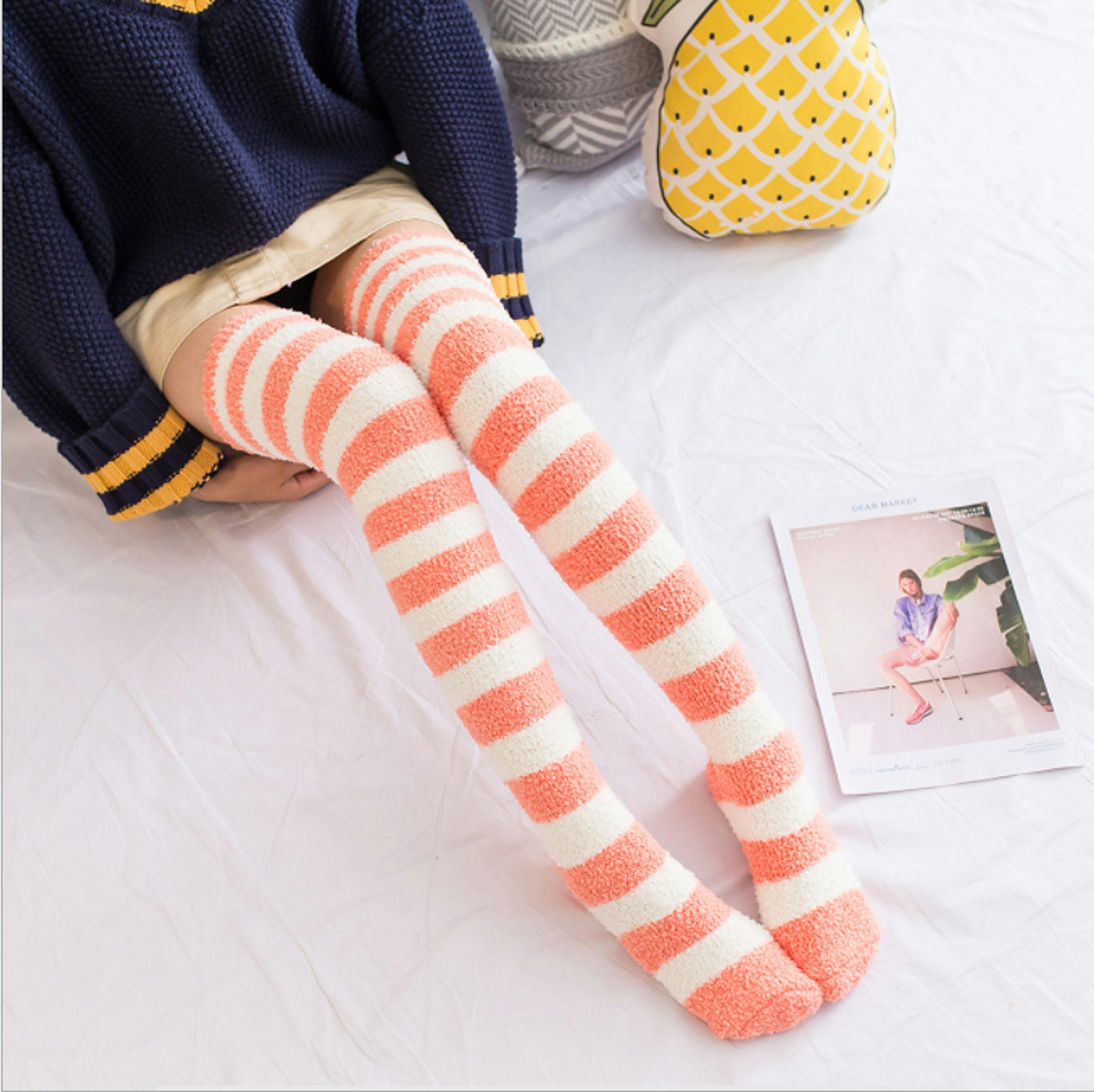 Thigh High Striped Fuzzy Socks Cozy Furry Thigh Highs Kawaii | Etsy