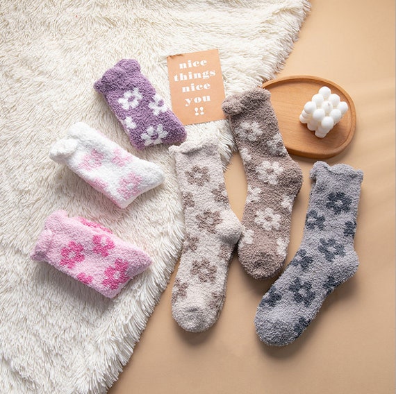 Cute Floral Fuzzy Socks Flower Pattern Crew Socks Fuzzy Bed | Etsy