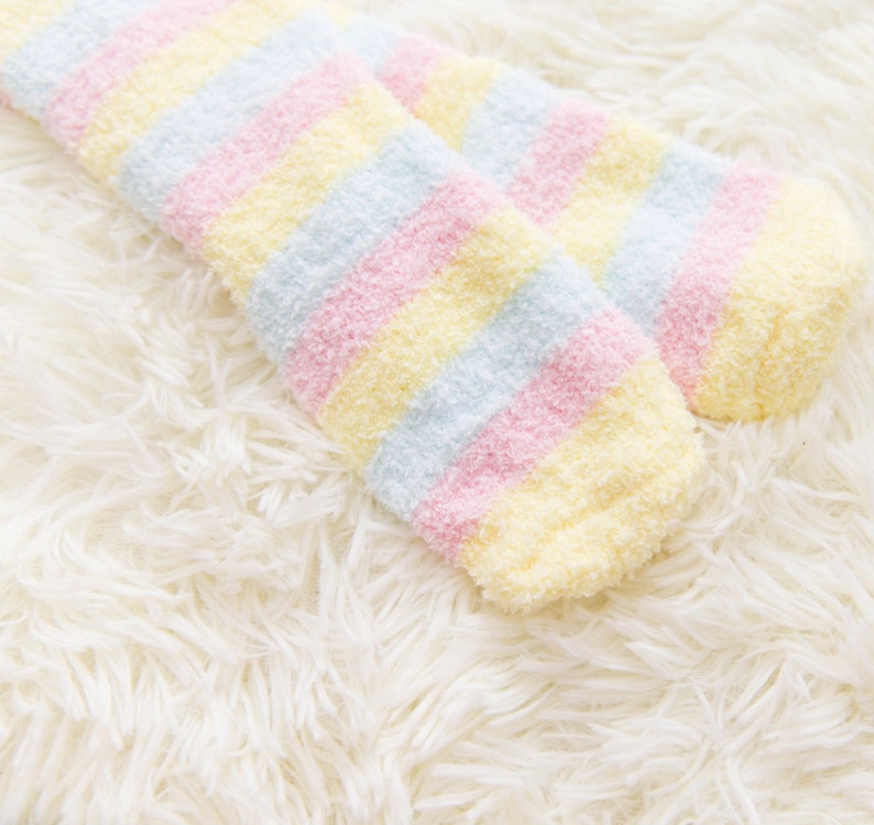 Thigh High Striped Fuzzy Socks Cozy Furry Thigh Highs Kawaii | Etsy