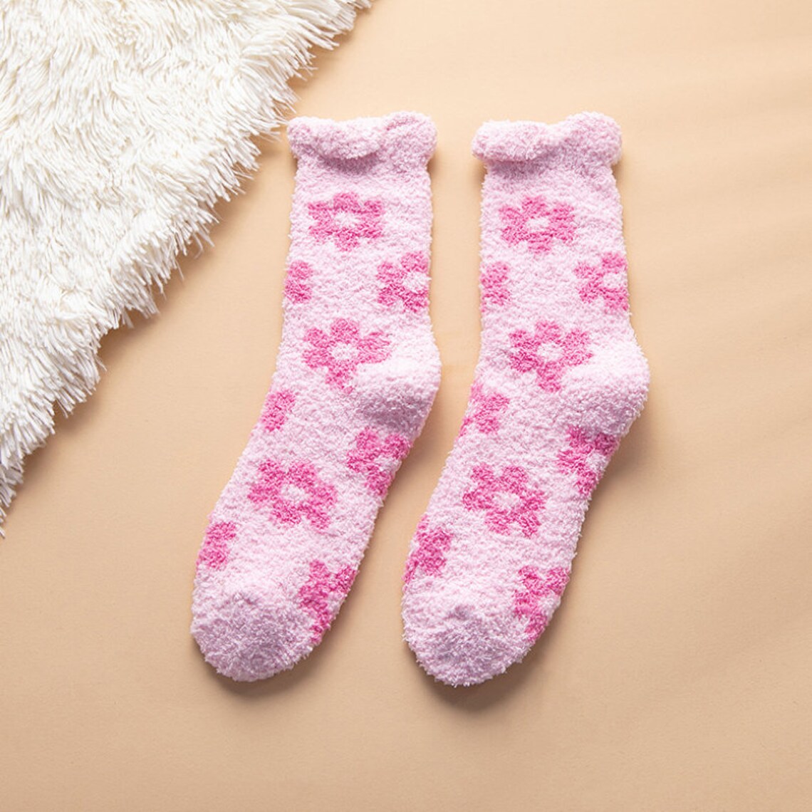 Cute Floral Fuzzy Socks Flower Pattern Crew Socks Fuzzy Bed Etsy