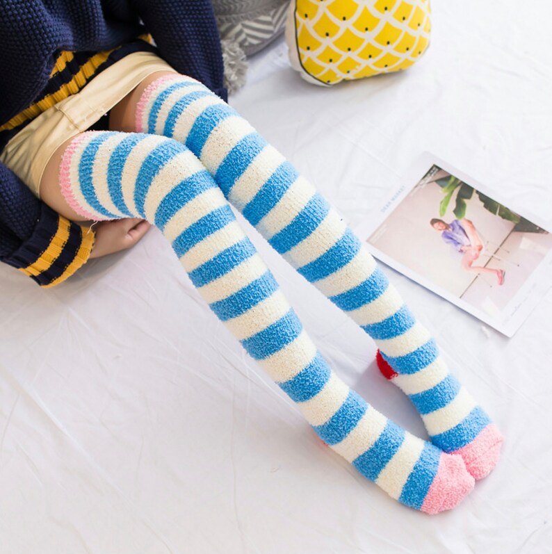 Thigh High Striped Fuzzy Socks Cozy Furry Thigh Highs Kawaii Etsy