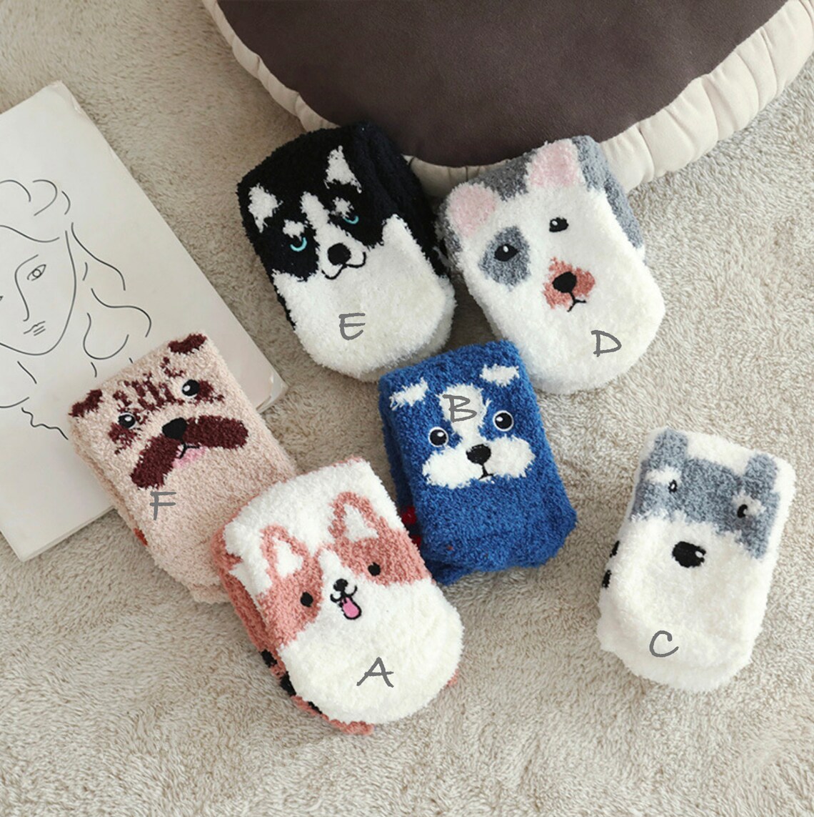 Cute Doggy Fuzzy Socks Dog Pattern Sock Husky Pug Bull Etsy