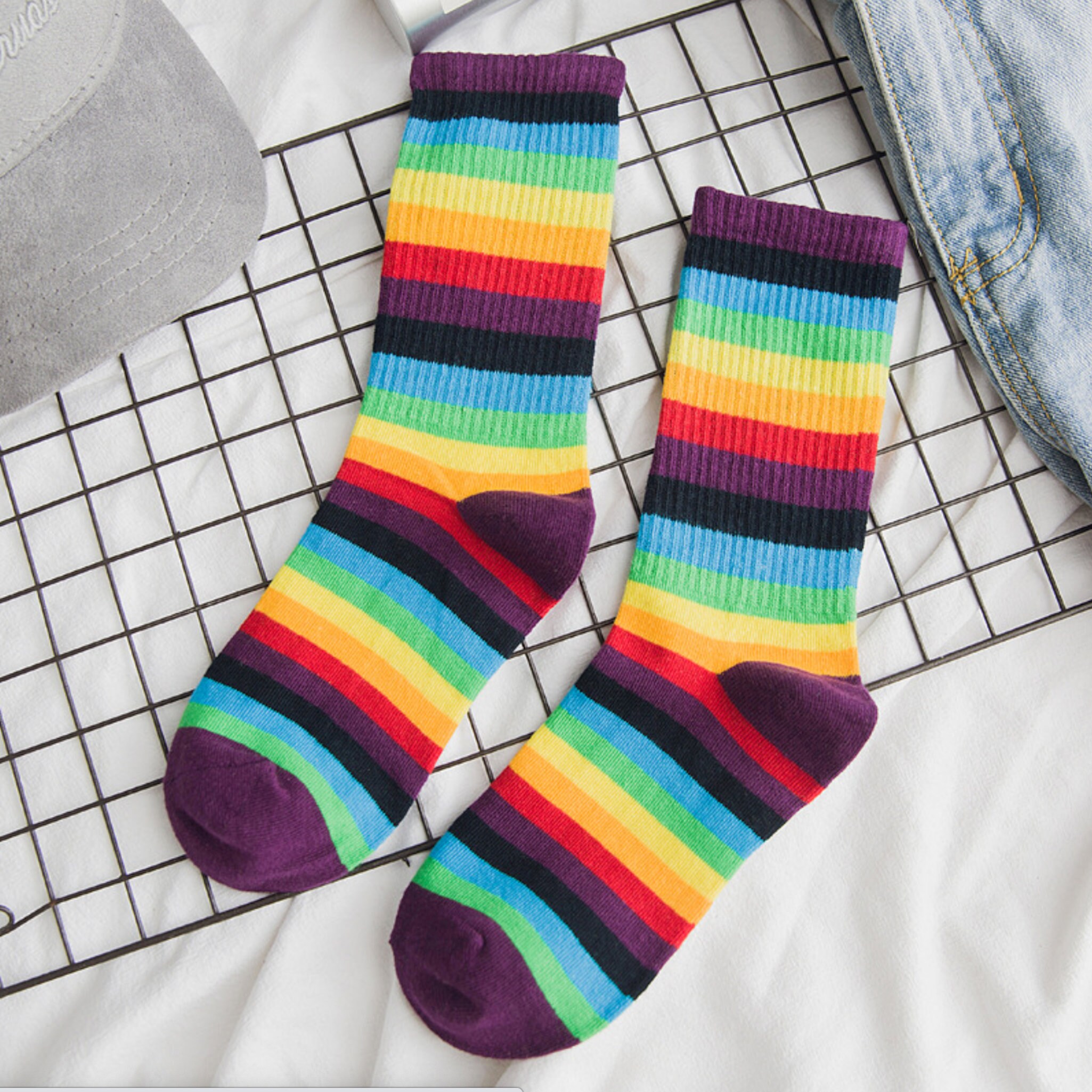 Unisex Rainbow Strip Pattern Socks Crew Socks for men and | Etsy