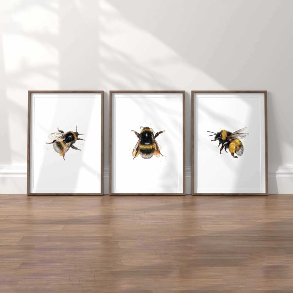 Set of 3 Bumblebee Prints - Three Bee Prints - Bee Paintings - Wall Art Prints - Bee Home Decor - Bee Illustrations - Bee Birthday Gift