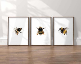 Set of 3 Bumblebee Prints - Three Bee Prints - Bee Paintings - Wall Art Prints - Bee Home Decor - Bee Illustrations - Bee Birthday Gift