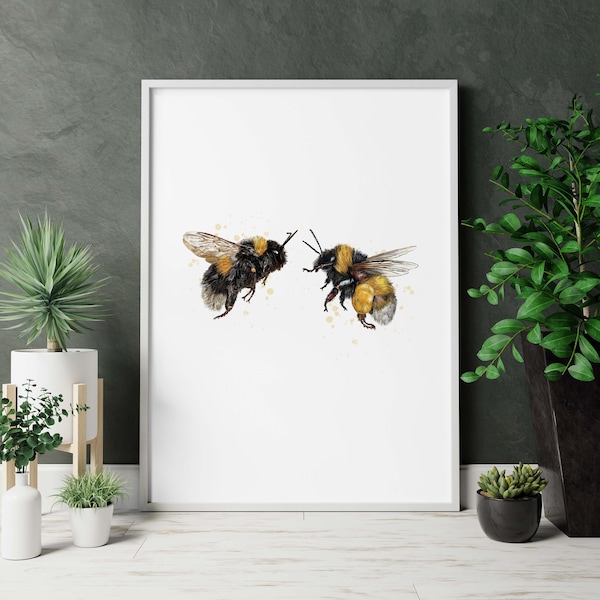 Pair of Bees Print - A4 Bumblebee Print - Bee Painting - Wall Art - Bee Home Decor - Nature Illustrations - Pollinator Print - Birthday Gift