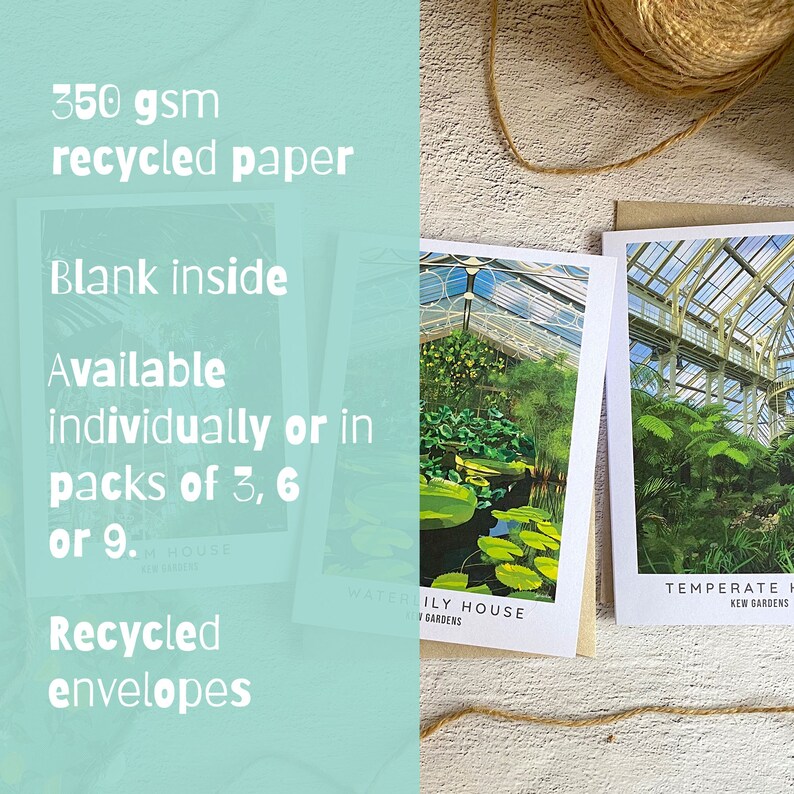 Peut inclure: Trois cartes de v&oelig;ux vierges avec des images de serres aux Jardins de Kew. Les cartes sont en papier recycl&eacute; de 350 g/m&sup2; et sont disponibles &agrave; l'unit&eacute; ou en paquets de 3, 6 ou 9. Elles sont livr&eacute;es avec des enveloppes recycl&eacute;es.