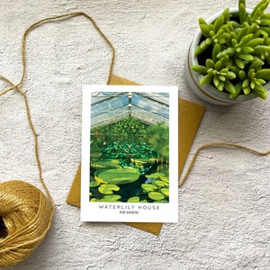 Peut inclure: Une carte postale illustrant la Waterlily House des Jardins de Kew. La carte postale montre une serre avec un toit en verre et un &eacute;tang rempli de n&eacute;nuphars.