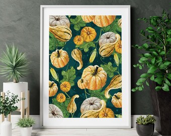Citrouilles et courges Art Print - Art mural botanique - Impression végétale A4 - Papier recyclé - Cadeau d’anniversaire végétal - Impression de jardin de cuisine - Non encadré