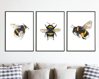Set of 3 Bee Prints - Bee Wall Art Print - Bumblebee Watercolour Bee Painting - Bee Home Decor - Bee Illustration - Bee Birthday Gift