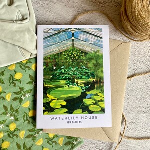 Peut inclure: Une carte blanche avec une photo d'une serre avec un &eacute;tang et des n&eacute;nuphars. Le texte sur la carte est "Waterlily House Kew Gardens".
