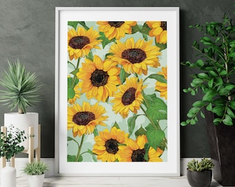 Impression d'art tournesol - art mural fleurs botaniques - impression végétale A4 sans cadre - décoration florale lumineuse lumineuse - Illustration florale - papier recyclé