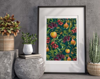 Impression d'art botanique fruits du verger - art mural de fruits sans cadre A4 - décoration murale de cuisine - papier recyclé - cadeau pour jardinier ou amateur de jardins familiaux