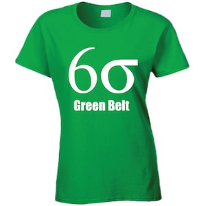 May include: Green t-shirt with white text that says "6σ Green Belt"