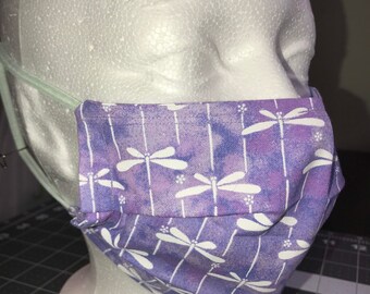 Dragonflies or Butterflies on purple Double Layer Cotton Washable Face Mask with Adjustable White Soft Ear Band, Adult and Child