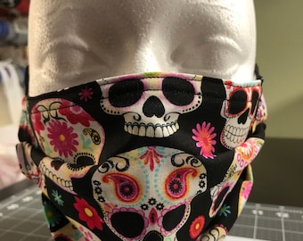 Sugar Skulls with Horns 100 Percent Cotton Washable Double Layer Face Mask with Adjustable Matching Soft Ear Band