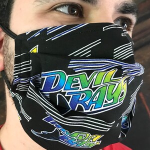 Tampa Bay Devil Rays Baseball Team 100 Percent Cotton Double Layer Washable Face Mask with Adjustable Matching Ear Band