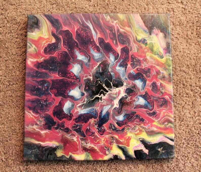 May include: Abstract painting on canvas with swirling patterns in shades of red, black, white, blue, and yellow.