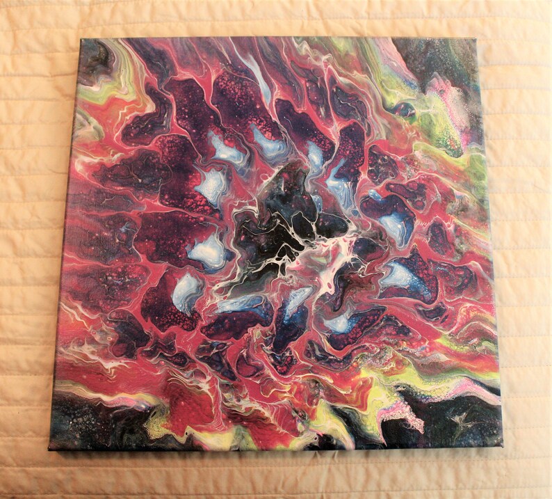May include: Abstract painting on canvas with swirling patterns in shades of red, black, white, blue, and yellow.