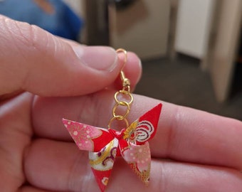 Origami Red Flower Butterfly Earrings