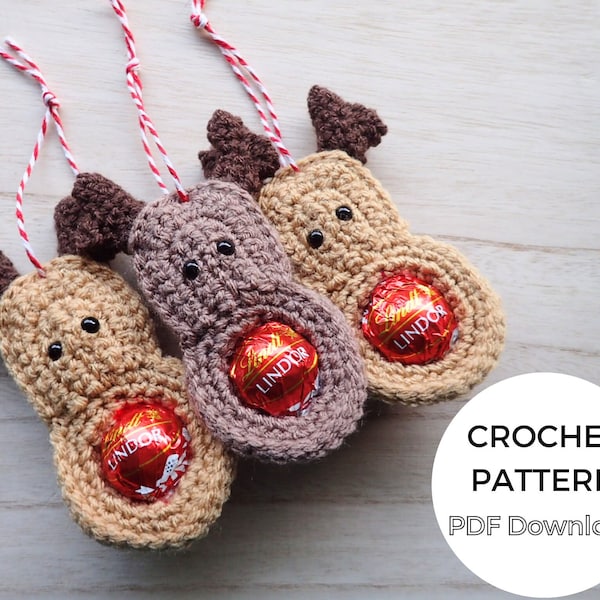 Décoration de Noël de renne au crochet motif, ornement de tête de renne, fil DK, tutoriel confortable de chocolat de Noël, téléchargement immédiat du modèle PDF