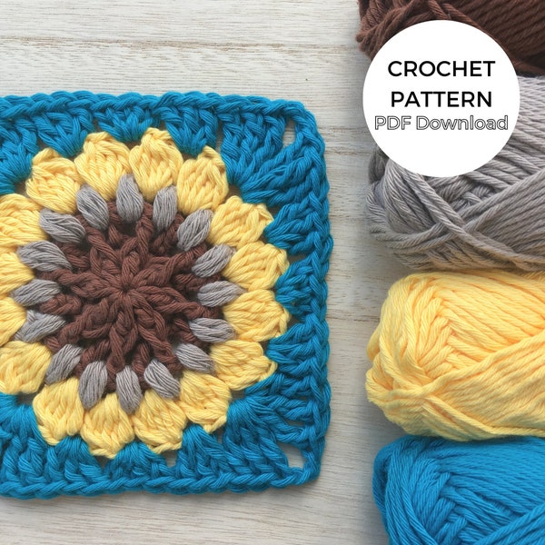 Tournesol Lovers Grandma Square Crochet Pattern, Flower Afghan Square, Sunflower Grandma Square, PDF Download Crochet Pattern Photo Tutorial