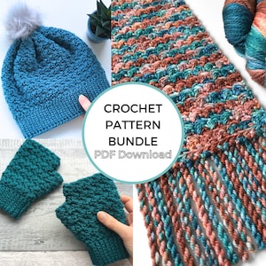 May include: Crochet pattern bundle PDF download for a teal blue beanie, teal blue fingerless gloves, and a multi-colored scarf with fringe.