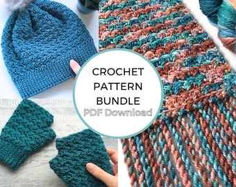 Crochet Pattern Bundle: Cosy Vibes Scarf, Fingerless Gloves & Beanie (PDF Download, US Terms