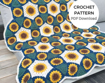 Sunflower Lovers Blanket Crochet Pattern, Flower Crochet Blanket, Granny Square Blanket Crochet Pattern, PDF Download with Photo Tutorial