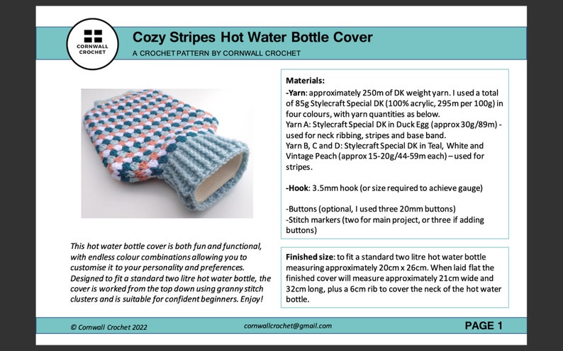 Cozy Stripes Hot Water Bottle Cover Crochet Pattern, Granny Stitch Bottle Cosy, DK Yarn, PDF Pattern Instant Download image 7