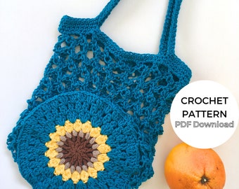 Sunflower Lovers Market Bag Crochet Pattern, Crochet Market Bag, Flower Design Reusable Shopping Bag PDF Download with Photo Tutorial