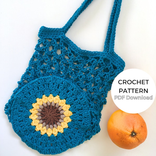 Sunflower Lovers Market Bag Häkelanleitung, Markttasche häkeln, Blumen Design Wiederverwendbare Einkaufstasche PDF Download mit Foto-Tutorial