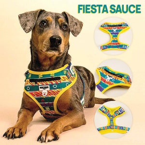 Taco Bell &quot;Fiesta Sauce&quot; Retro Print -- Adjustable No-Pull Dog Harness + Matching Dog Leash & Dog Collars Available !!