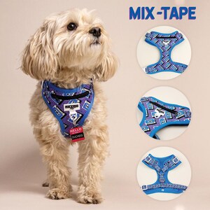 Impressão retrô "Mix Tape" misturada - Arnês ajustável sem puxar para cães + trela e coleiras para cães correspondentes disponíveis!!