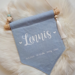 Personalisierter Wimpel zur Geburt, Geburtsdaten, Junge, Mädchen, Geschenk zur Geburt, blau, hellblau