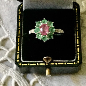 NATÜRLICHER SMARAGD-RUBIN 14K Weißgold / Sterling Vintage Luxusring - Außergewöhnliches Vintage Haute Couture Schmuckstück - Vermeil - aus Frankreich