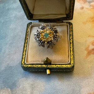 Natural Colombian Emerald Sparkly Citrine Sterling Vintage Ring- Stunning Carved Design Vintage JewelL from France