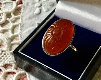 CAMEO CARVED CARNELIAN Design Vintage Sterling Ring- Cameo Intaglio Jewel- Unique Design Ring- Natural Stone- Vintage from France