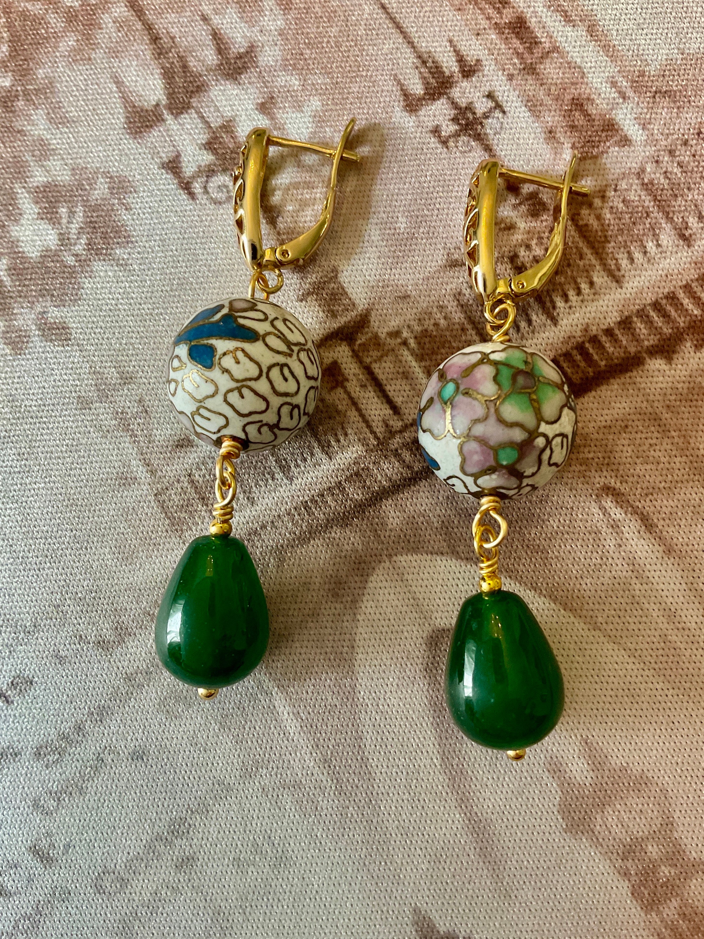 Boucles D'oreilles Vintage En Jade Briolette Plaqué Or – Pendantes Dormeuses Vertes