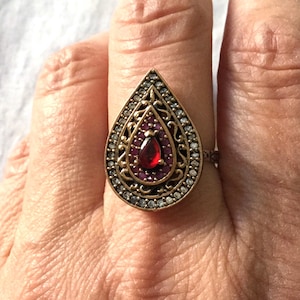MARQUISE RUBY TOPAZ Gold & Sterling Carved Vintage Ring - Carved Stunning Design Jewelry- Sparkly White Topaz- Vintage Ring from,France